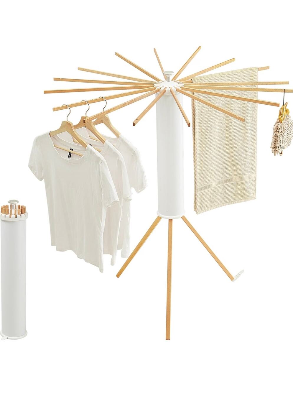 Foldable Rotary Clothes Drying Rack – Beech Wood Arms & Tripod Stand